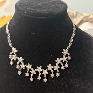 Delicate Pink Crystal Floral Fringe Necklace - Women Jewelry